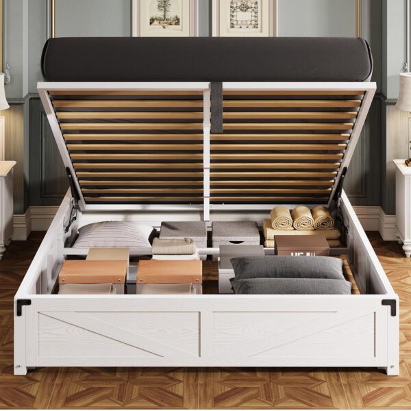 Queen Bed Frame with Lift Up Storage, Farmhouse Platform Bed with Wooden Slats, Sturdy