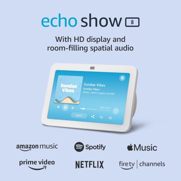 Echo Show 8 (newest model), With Spatial Audio, Smart Home Hub, and Alexa, Glacier White