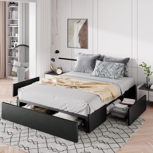Allewie Queen Size Platform Bed Frame with 3 Storage Drawers, Faux Leather Upholstered