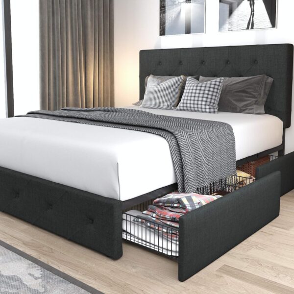 Allewie Upholstered Queen Size Platform Bed Frame with 4 Storage Drawers and Headboard