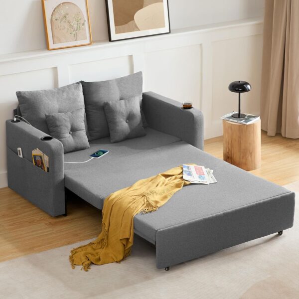 3 in 1 Convertible Pull Out Couch Bed, 56" Full Size Linen Loveseat Sleeper Sofa Couch Bed with USB & Storage Pocket