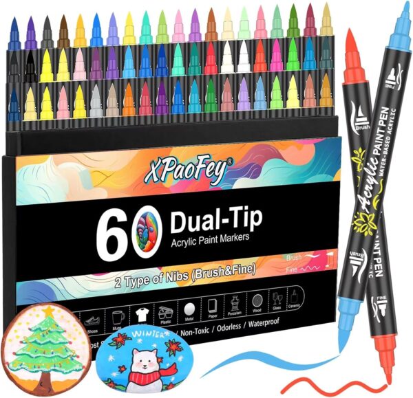 60 Colors Acrylic Paint Pens, Dual Tip Acrylic Paint Markers with Fine Tip and Brush Tip