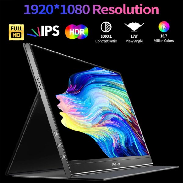 MNN Portable Monitor 15.6inch FHD 1080P USB C HDMI Gaming Ultra-Slim IPS Display w/Smart Cover & Speakers - Image 2