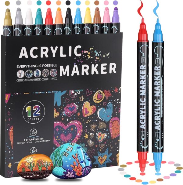 12 Colors Dual Tip Acrylic Paint Pens, Fine & Dot Tip Premium Coloring Markers Set