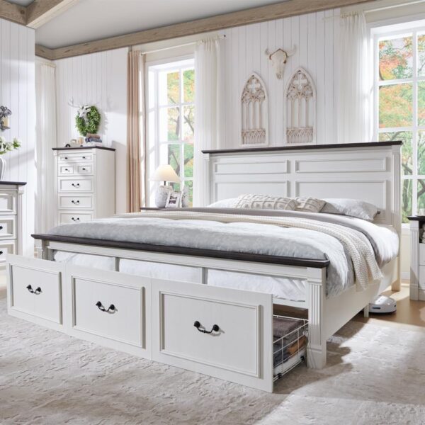 Farmhouse King Size Bed Frame with 51" Tall Headboard, Wood Platform Bed Frame with 20" Tall Roman Column Decoration Footboard & 3 Large Storage Drawers