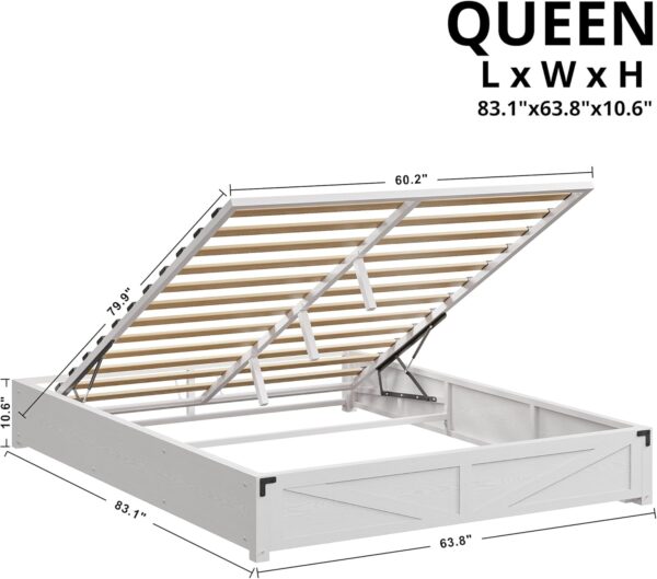 Queen Bed Frame with Lift Up Storage, Farmhouse Platform Bed with Wooden Slats, Sturdy - Image 3