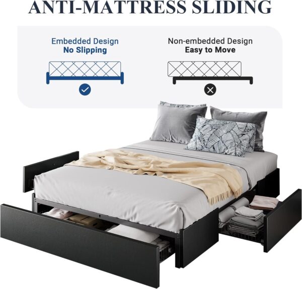 Allewie Queen Size Platform Bed Frame with 3 Storage Drawers, Faux Leather Upholstered - Image 2