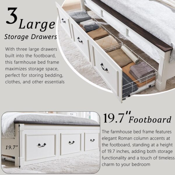 Farmhouse King Size Bed Frame with 51" Tall Headboard, Wood Platform Bed Frame with 20" Tall Roman Column Decoration Footboard & 3 Large Storage Drawers - Image 4