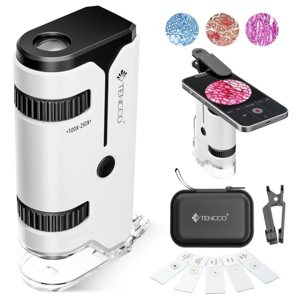 Mini Pocket Microscope for Kids Adults, Protable Handheld Microscope with 5 Microscope Slides