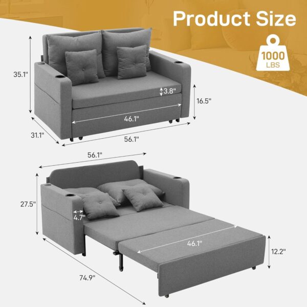 3 in 1 Convertible Pull Out Couch Bed, 56" Full Size Linen Loveseat Sleeper Sofa Couch Bed with USB & Storage Pocket - Image 3