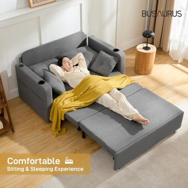 3 in 1 Convertible Pull Out Couch Bed, 56" Full Size Linen Loveseat Sleeper Sofa Couch Bed with USB & Storage Pocket - Image 2