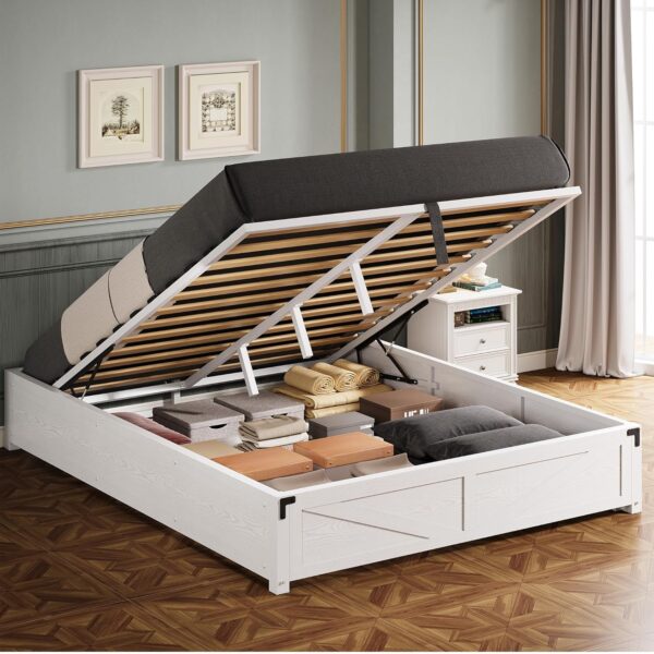 Queen Bed Frame with Lift Up Storage, Farmhouse Platform Bed with Wooden Slats, Sturdy - Image 4