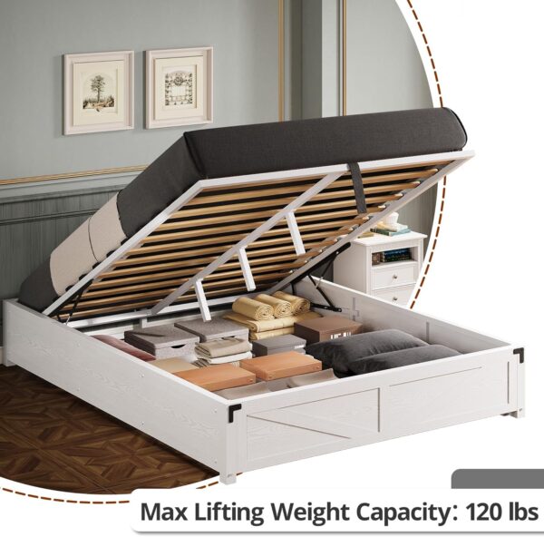 Queen Bed Frame with Lift Up Storage, Farmhouse Platform Bed with Wooden Slats, Sturdy - Image 5