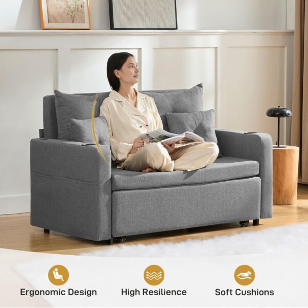 3 in 1 Convertible Pull Out Couch Bed, 56" Full Size Linen Loveseat Sleeper Sofa Couch Bed with USB & Storage Pocket - Image 4