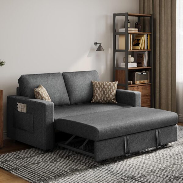 Yaheetech Convertible Sofa Bed Trundle Loveseat w/Pull-Out Trundle Bed Sleeper Sofa Convertible Couch for Limited Spaces