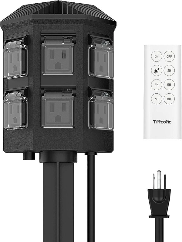 Outdoor Power Stake Timer, 100FT Remote Control, Dusk to Dawn Christmas Light Timer