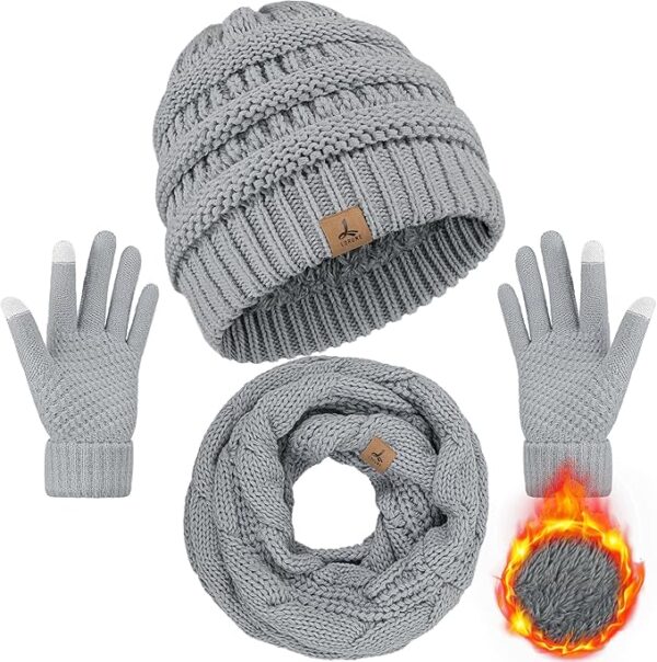 Winter Beanie Hat Scarf Gloves, Warm Fleece Knit Winter Hats Touch Screen Gloves Neck Scarf