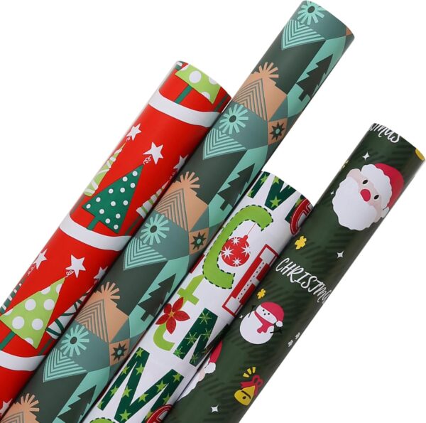 GONEJALL Christmas Wrapping Paper - 4 Rolls - Funny Santa Claus, Snowflakes Snowman, Pine Trees, Christmas Tree