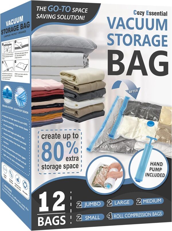 12 Pack Space Saver Bags (2 Jumbo/2 Large/2 Medium/2 Small/4 Roll) Compression Storage Bags for Comforters and Blankets