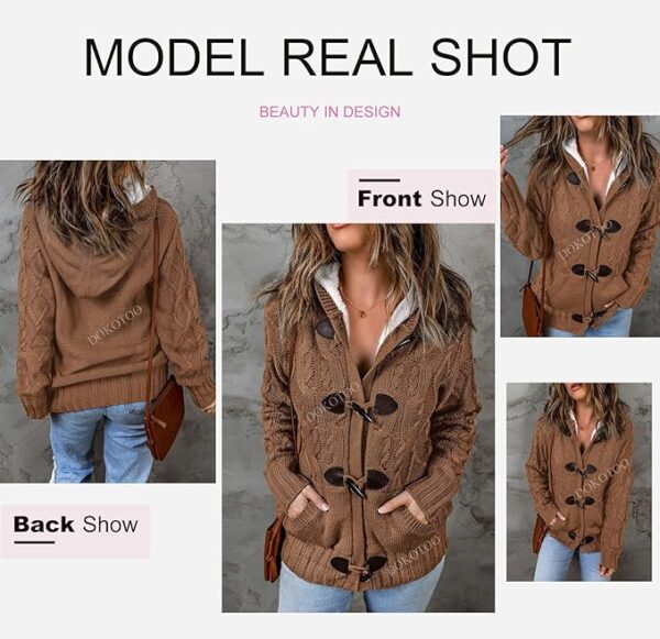 Dokotoo Womens 2024 Winter Hooded Cardigans Button Up Cable Knit Sweater Coat Outerwear with Pockets - Image 3