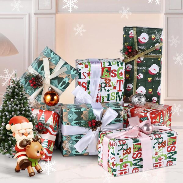 GONEJALL Christmas Wrapping Paper - 4 Rolls - Funny Santa Claus, Snowflakes Snowman, Pine Trees, Christmas Tree - Image 5