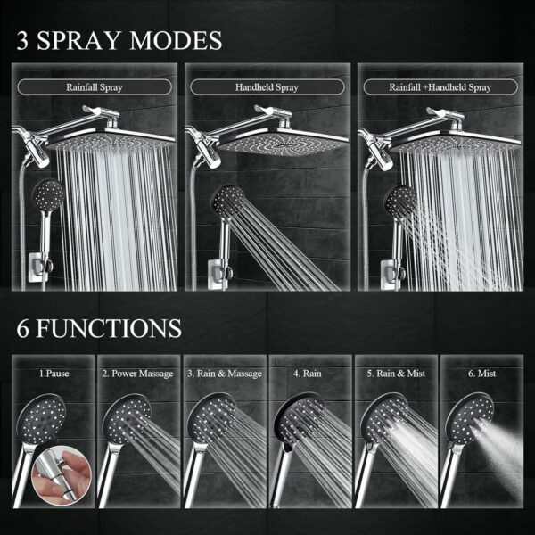Veken High Pressure Rain Shower Head Combo with Extension Arm- Wide Showerhead with Handheld Water Spray - Image 2