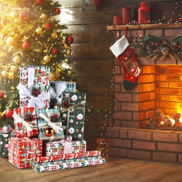 GONEJALL Christmas Wrapping Paper - 4 Rolls - Funny Santa Claus, Snowflakes Snowman, Pine Trees, Christmas Tree - Image 2